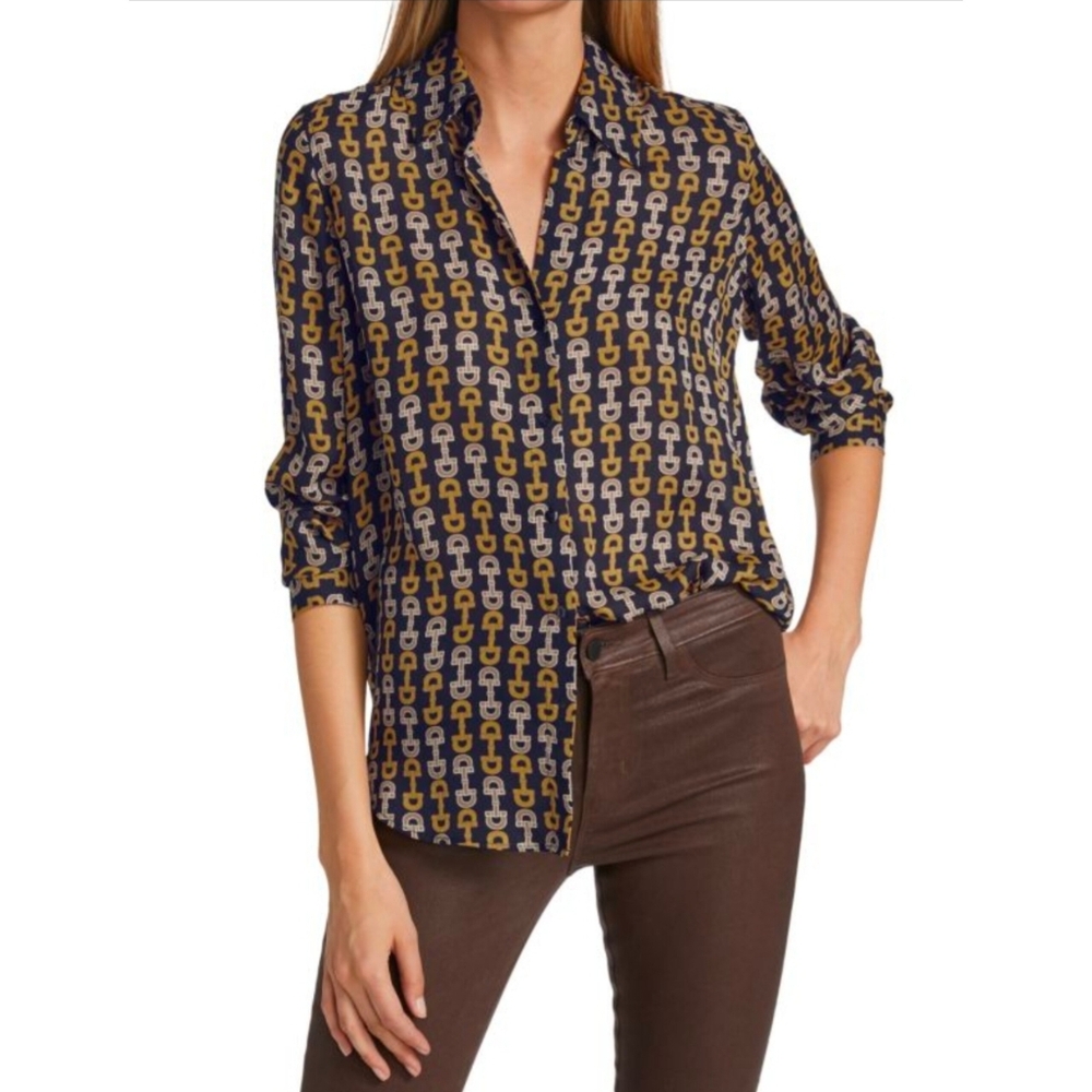 L'Agence | Nina Black & Gold Buckle Print 💯 Luxe Silk Blouse